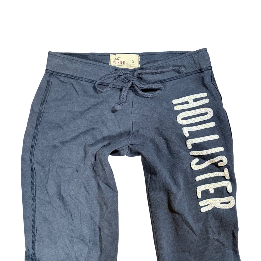 Y2K Hollister Womens Navy Blue Sequin Logo Low Rise Sweatpants Size S Raw Hem
